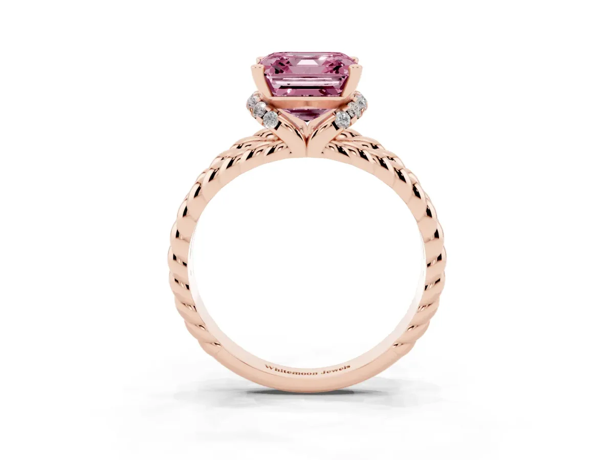 Fancy Pink Asscher Cut Halo Twisted Band Four-Prong Ring Rose gold