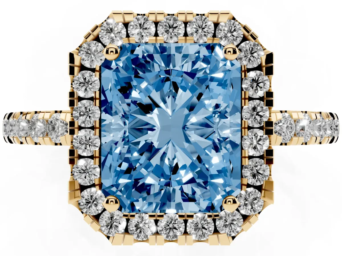 Fancy Blue Radiant Cut Halo Diamond Engagement Ring with Pavé Band and Four-Prong Setting Yellow gold