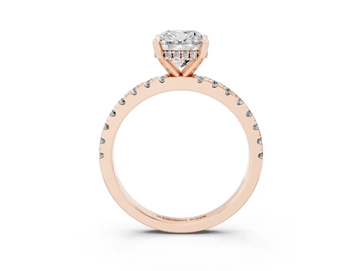 Cushion Cut Diamond Solitaire Ring with Round Pavé Band and Four-Prong Setting Rose gold