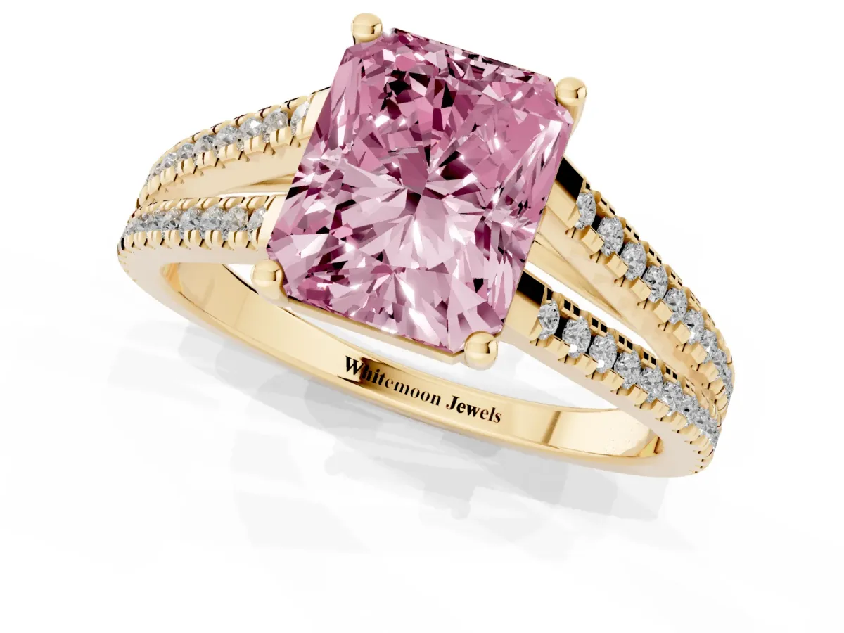 Fancy Pink Radiant Cut Diamond Solitaire Engagement Ring with Split Shank Pavé Band Yellow gold
