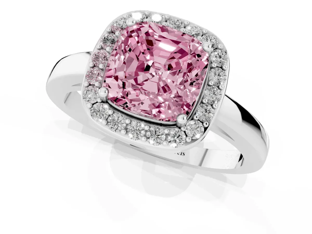 Fancy Pink Cushion Cut Halo Diamond Ring with Solitaire Band and Prong Setting Silver