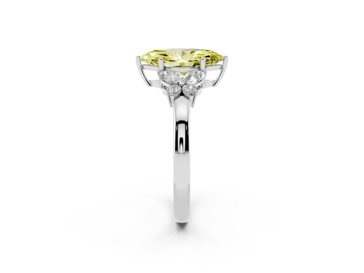 Fancy Yellow Marquise Cut Cut Solitaire Floral Diamond Ring with Four-Prong Setting White gold