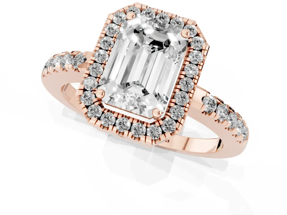 Emerald Cut Halo Diamond Engagement Ring with Pavé Band and Four-Prong Setting Rose gold
