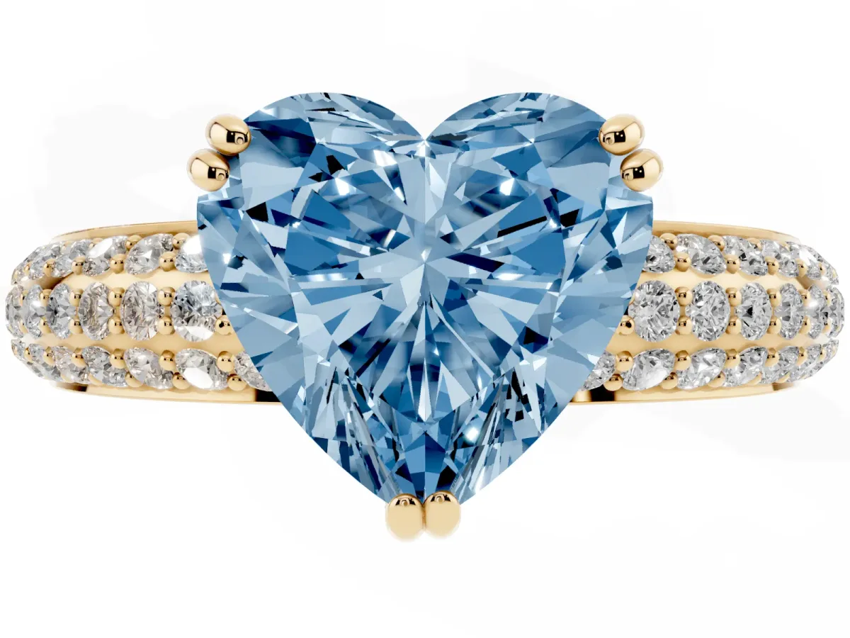 Fancy Blue Heart Cut Diamond Solitaire Ring with Multi-Row Round Pavé Band and Prong Setting Yellow gold