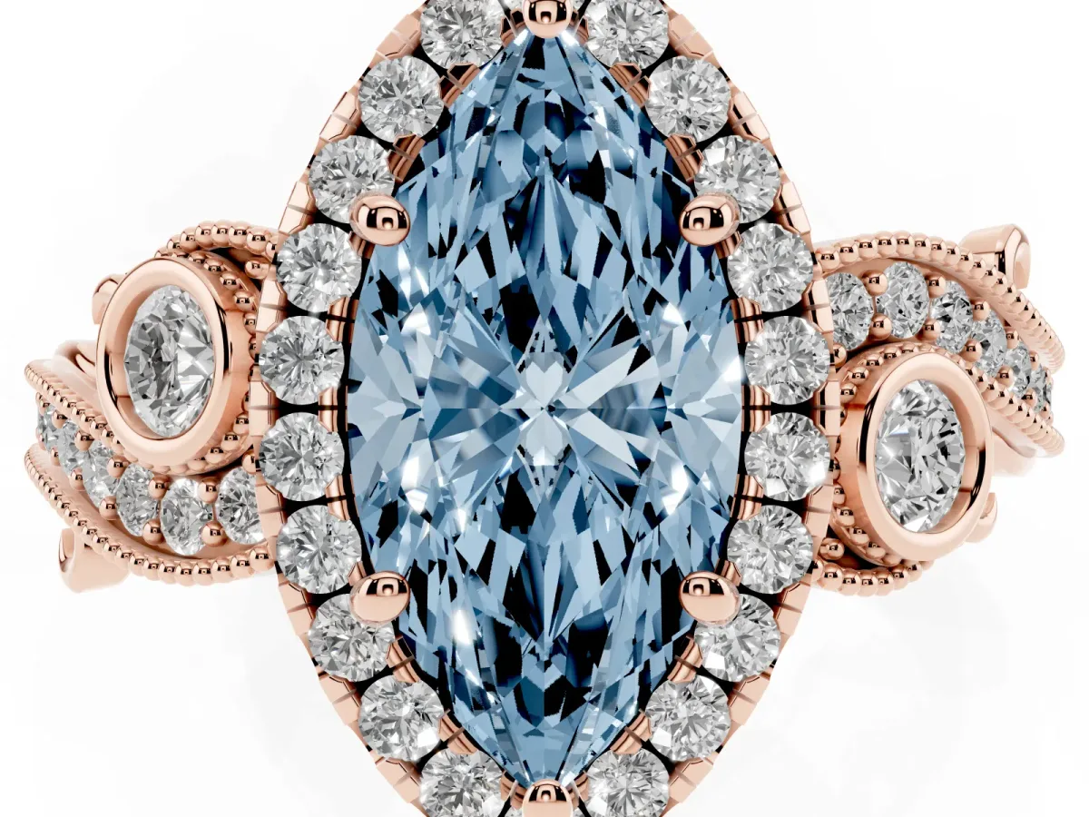 Fancy Blue Marquise Cut Diamond Halo Ring with Milgrain Pavé Band and Four-Prong Setting Rose gold