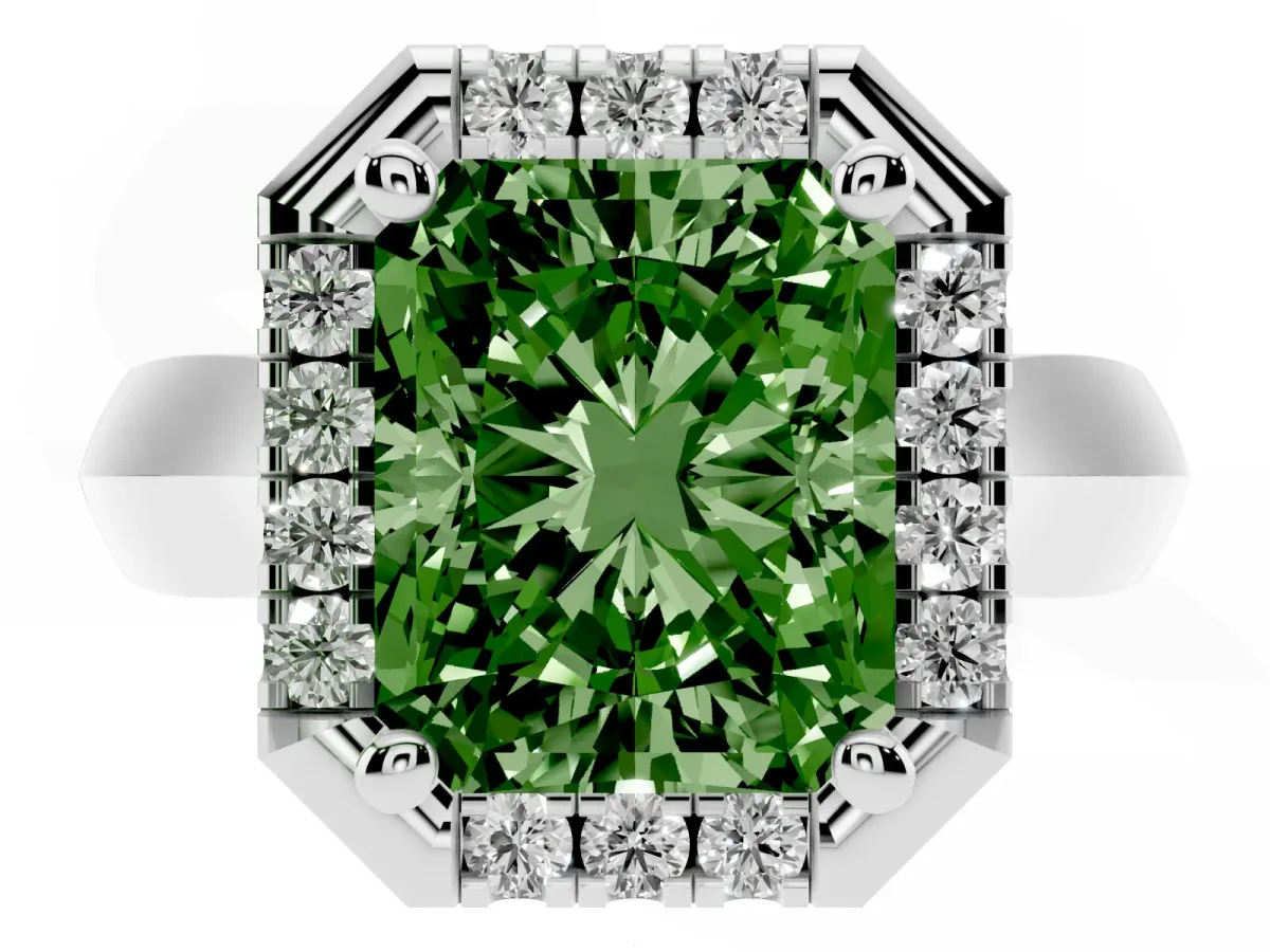 Fancy Green Radiant Cut Cut Halo Solitaire Engagement Ring with Square Band and Four-Prong Setting Silver