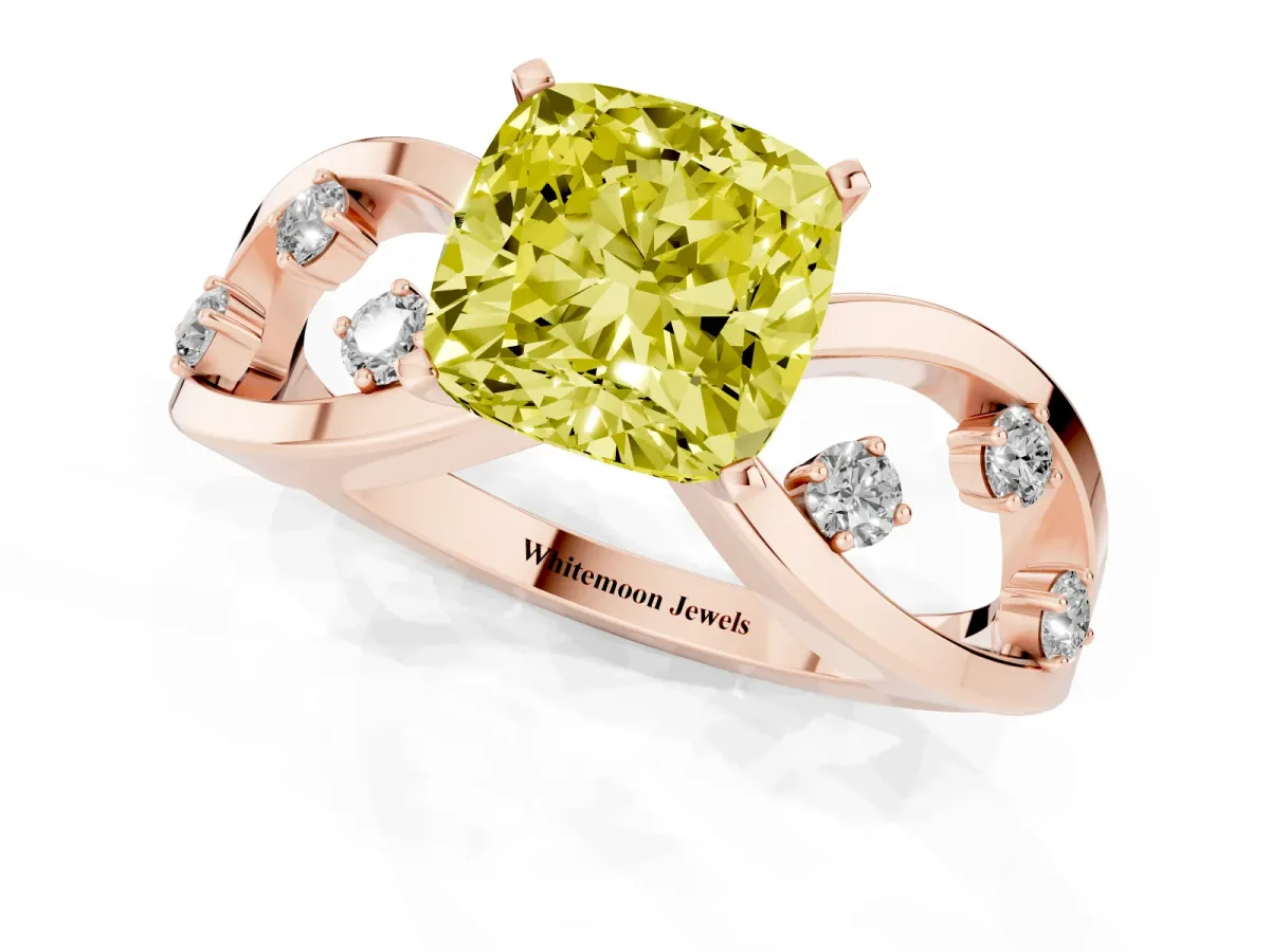 Fancy Yellow Cushion Cut Cut Solitaire Diamond with Side Stones on Criss-Cross Band and Four-Prong Setting Rose gold