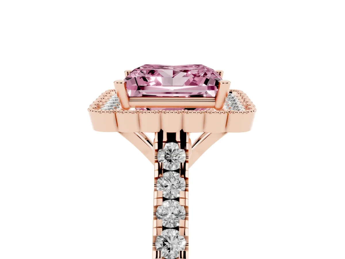 Fancy Pink Princess Cut Cut Diamond Milgrain Floral Halo Engagement Ring with Pavé Band Rose gold