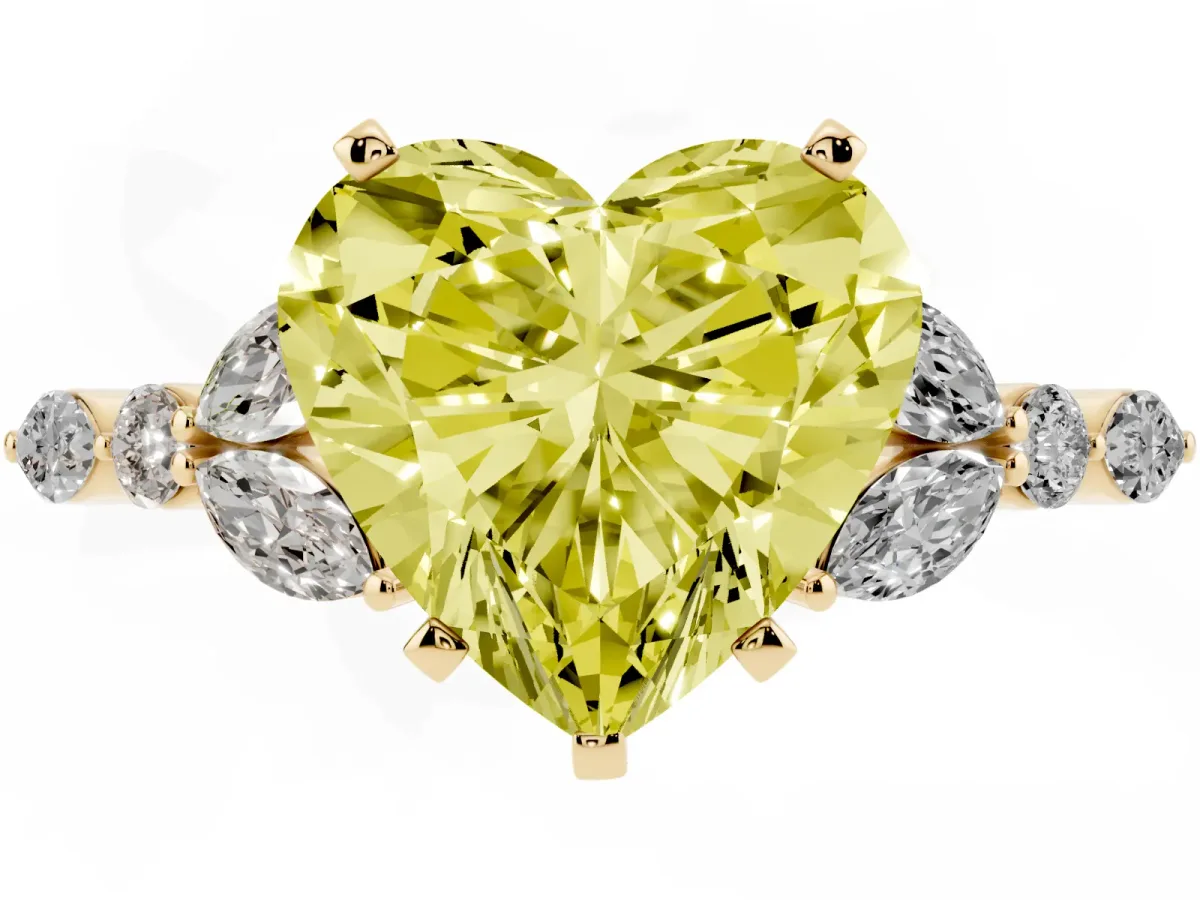 Fancy Yellow Heart Cut Diamond Solitaire Ring with Side Stones and Four-Prong Setting Yellow gold