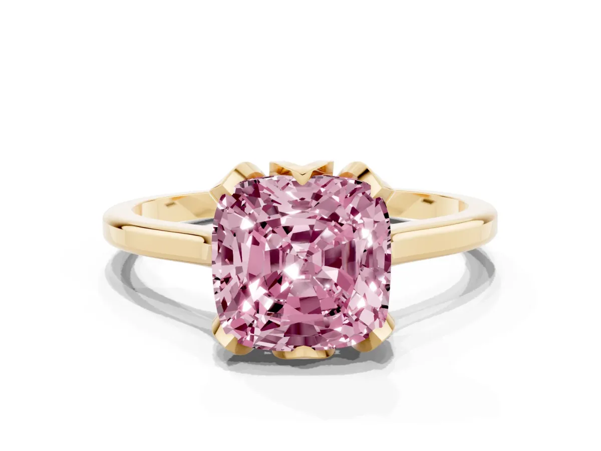 Fancy Pink Cushion Cut Diamond Solitaire Ring with Flower Prong Setting and Classic Band Yellow gold