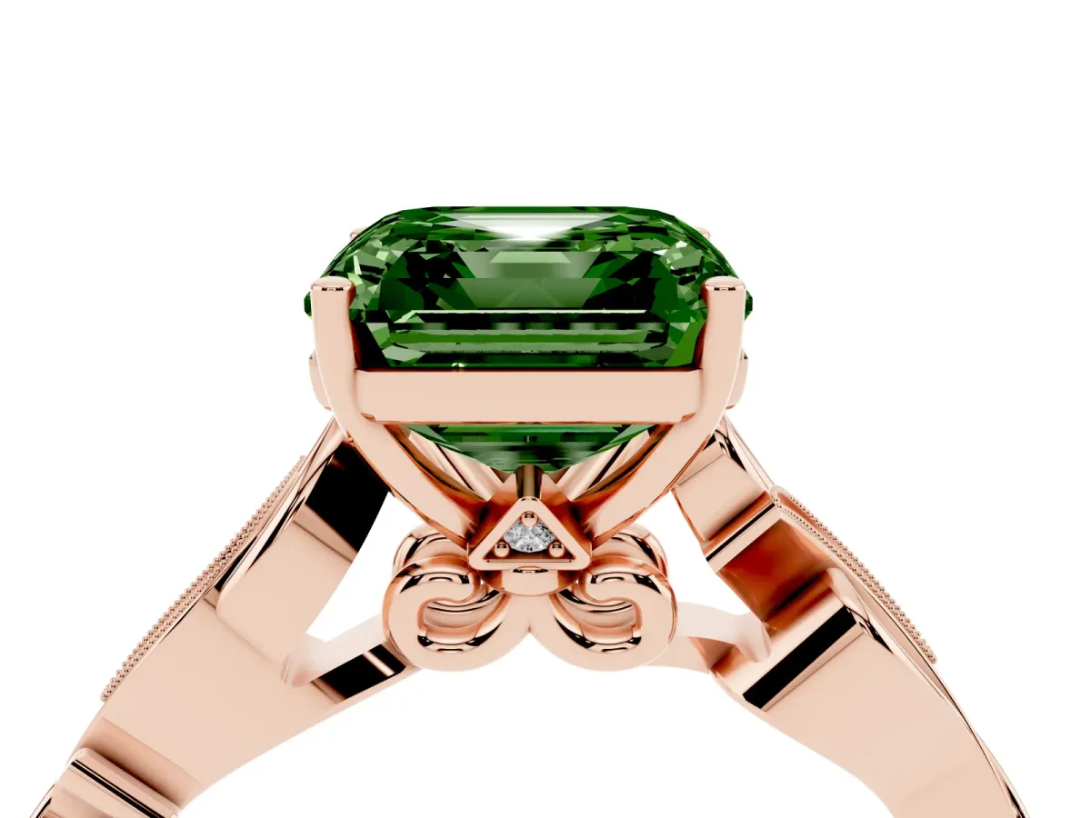 Fancy Green Asscher Cut Solitaire Vine Band with Milgrain Prong Setting Rose gold