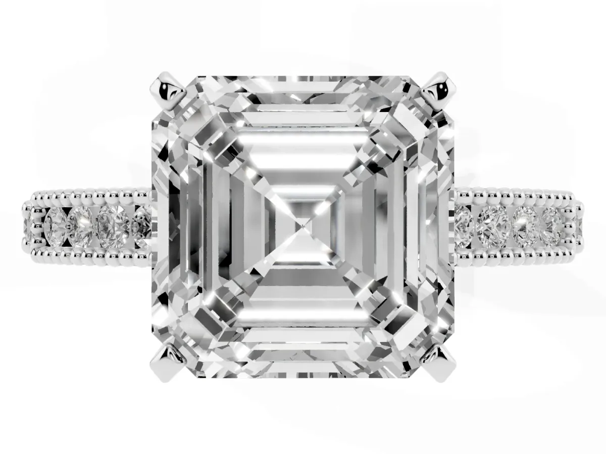 Asscher Cut Solitaire with Pavé Band and Four-Prong Setting Silver