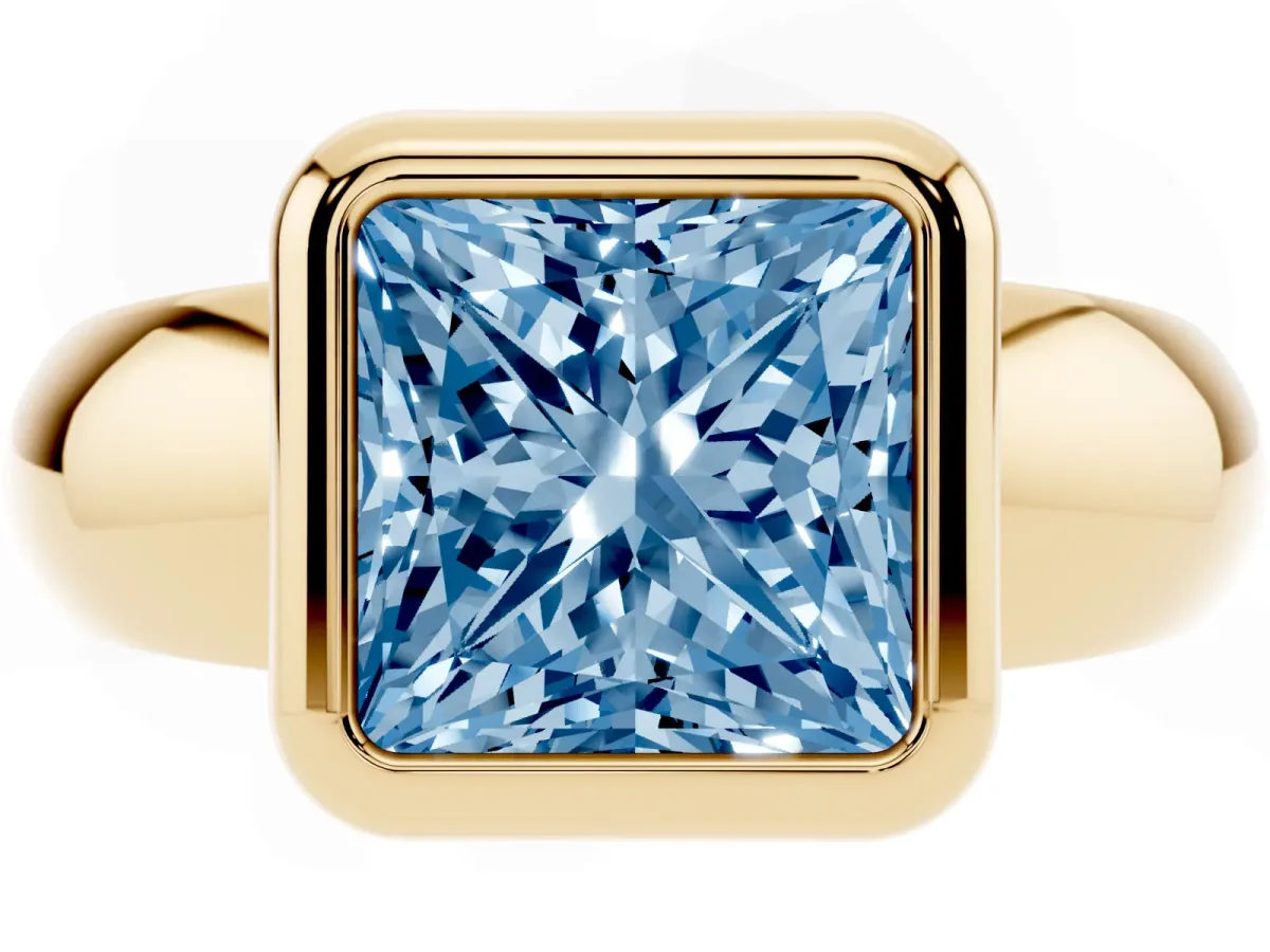 Fancy Blue Bezel Set Princess Cut Solitaire Ring with Wide Band Yellow gold