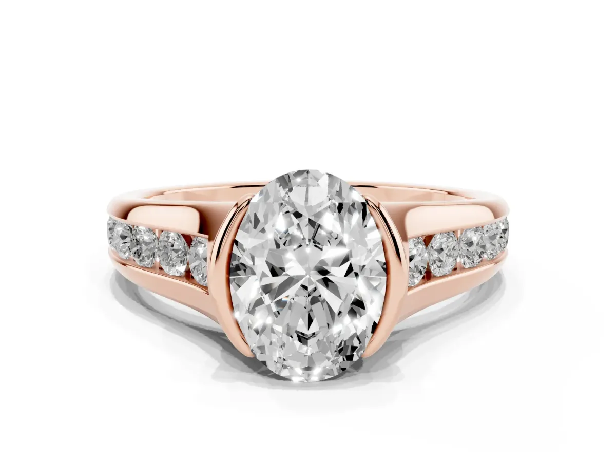 Oval Cut Solitaire Bezel-Set Diamond Ring with Channel-Set Band Rose gold