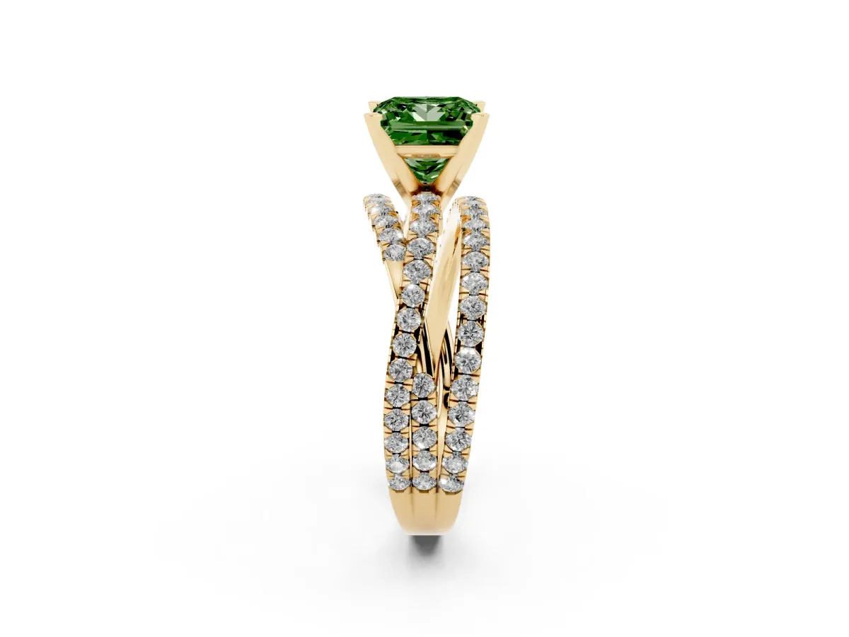 Fancy Green Princess Cut Solitaire Twist Band with Pavé Setting and Four-Prong Setting Yellow gold