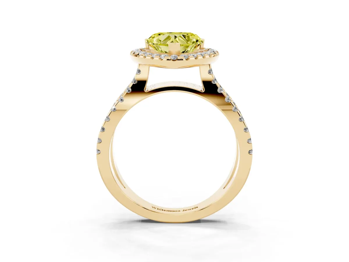 Fancy Yellow Heart Cut Diamond Halo Ring with Split Shank Pavé Band and Prong Setting Yellow gold