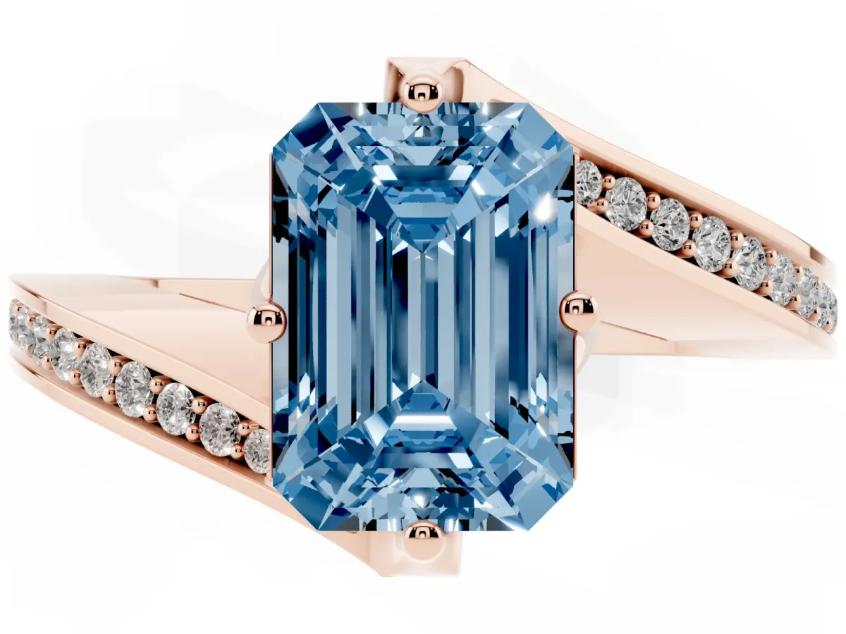 Fancy Blue Emerald Cut Solitaire Diamond Twist Band with Pavé Setting and Four-Prong Setting Rose gold