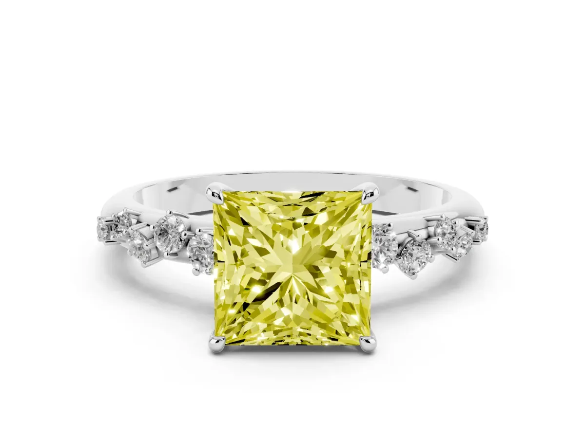 Fancy Yellow Princess Cut Diamond Cluster Prong-Set Solitaire Ring Silver