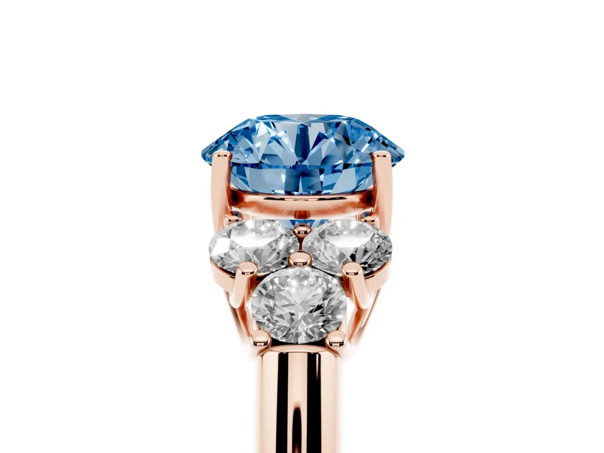 Fancy Blue Round Cut Cut Diamond Cluster Ring with Round Accent Stones and Prong Setting on a Classic Band Rose gold