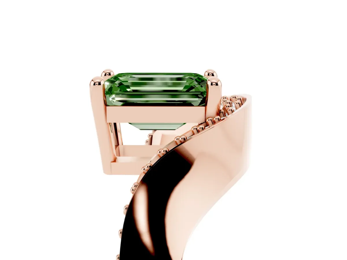Fancy Green Emerald Cut Solitaire Diamond Engagement Ring with Pave Band and Four-Prong Setting Rose gold