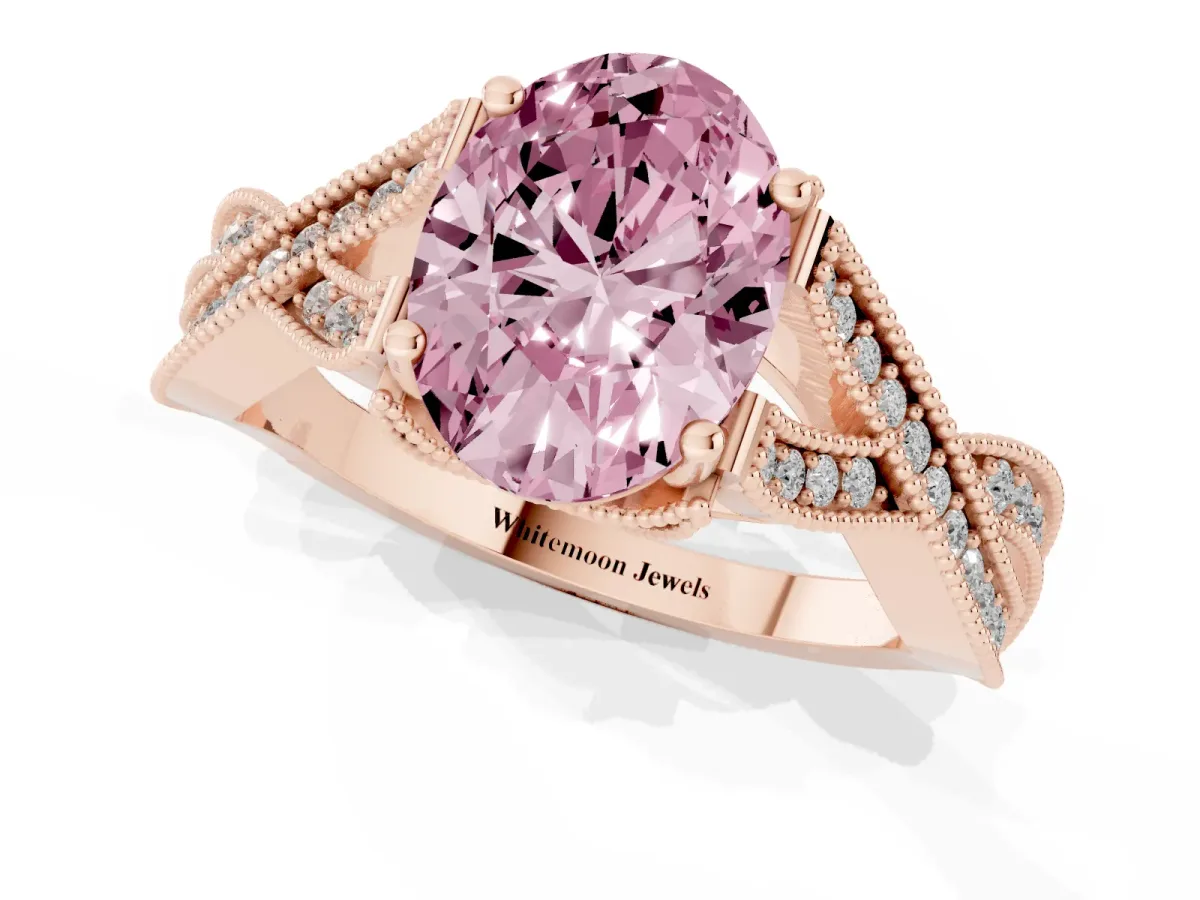 Fancy Pink Oval Cut Cut Diamond Twisted Band with Milgrain Pave Setting and Four-Prong Setting Rose gold
