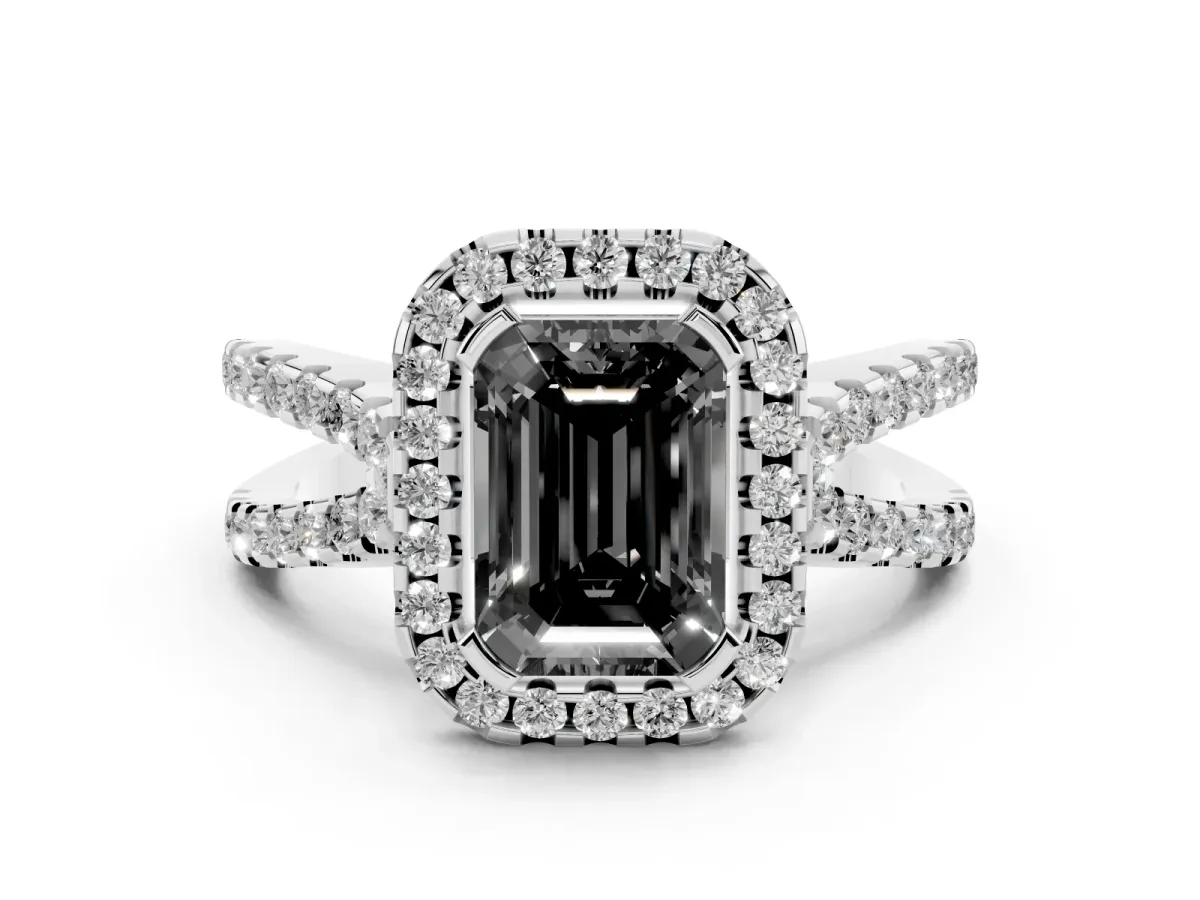 Fancy Black Emerald Cut Diamond Halo Ring with Split Shank Pavé Band and Prong Setting Platinum