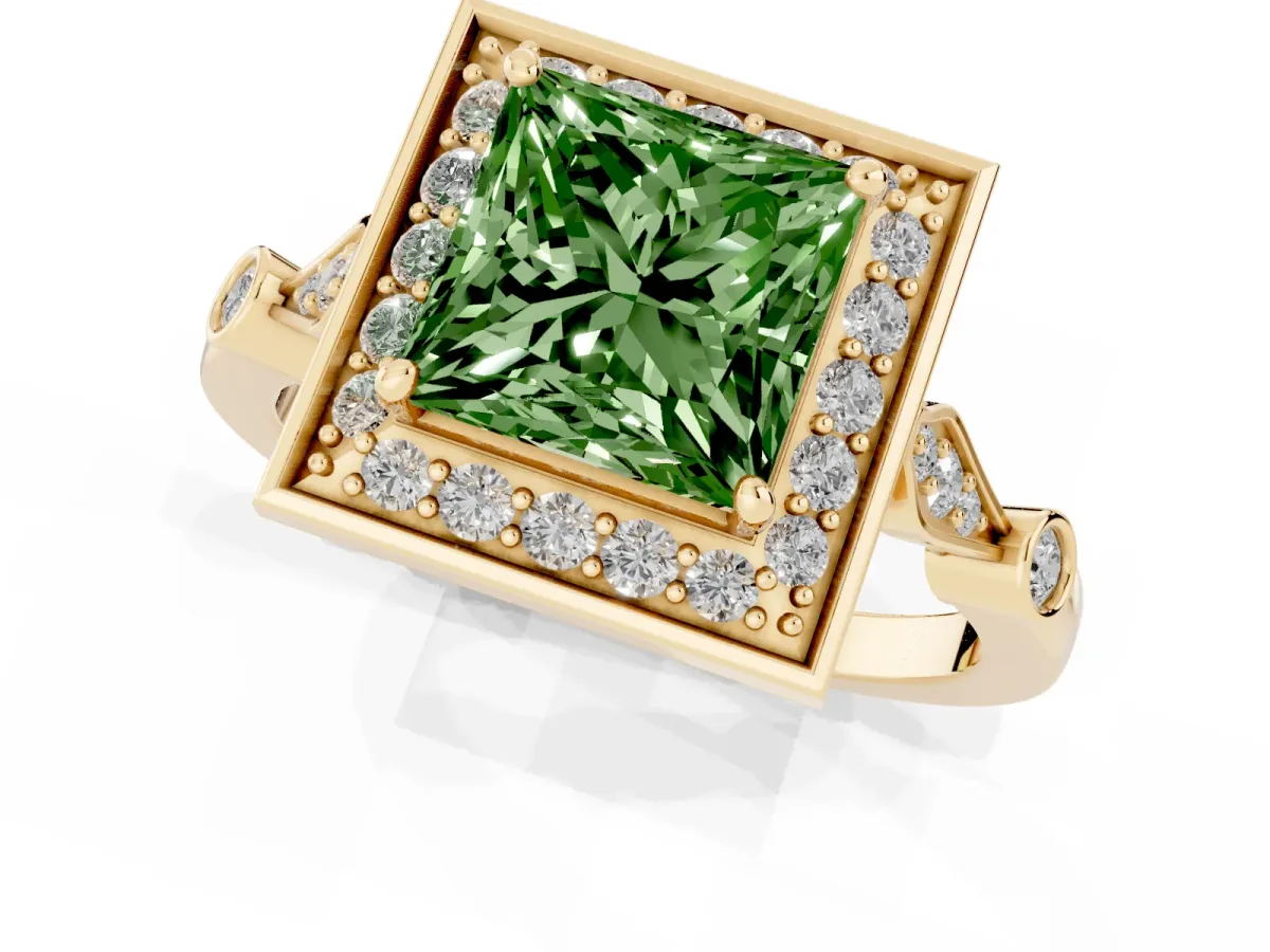 Fancy Green Princess Cut Halo Diamond Engagement Ring with Twisted Band and Four-Prong Setting Yellow gold