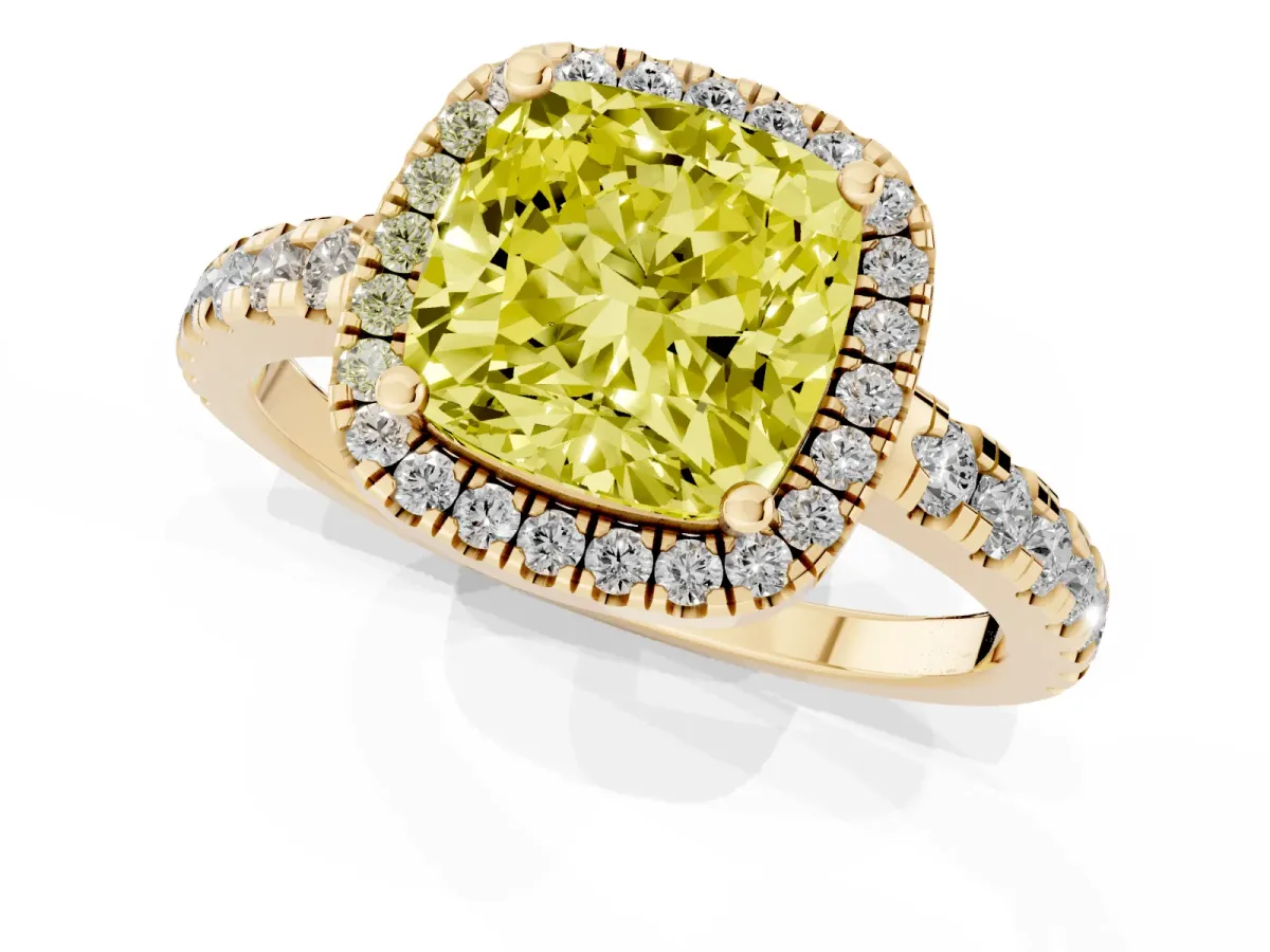 Fancy Yellow Cushion Cut Diamond Halo Ring with Pavé Band and Four-Prong Setting Yellow gold