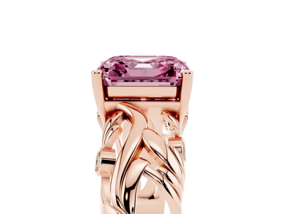 Fancy Pink Asscher Cut Solitaire Diamond Leaf-Inspired Vine Band Ring with Prong Setting Rose gold