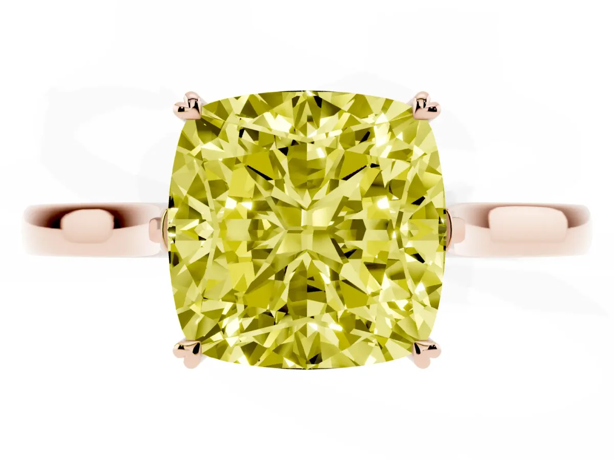 Fancy Yellow Cushion Cut Solitaire Heart Prong Engagement Ring with Tapered Band Rose gold