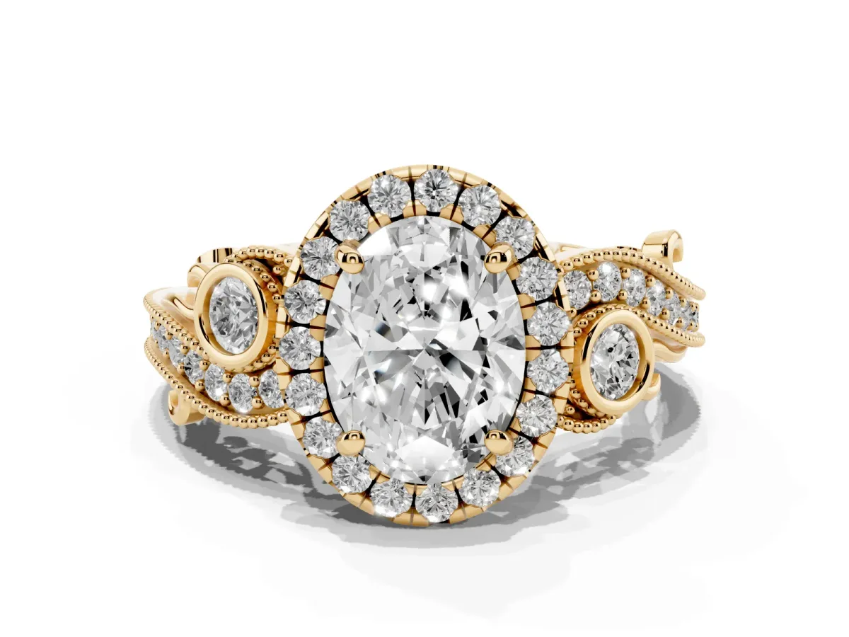 Oval Cut Diamond Halo Ring with Milgrain Pavé Band and Four-Prong Setting Yellow gold