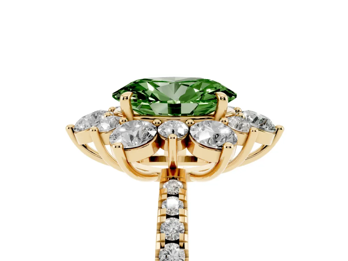Fancy Green Oval Cut Diamond Floral Halo Ring with Round Pavé Band and Prong Setting Yellow gold
