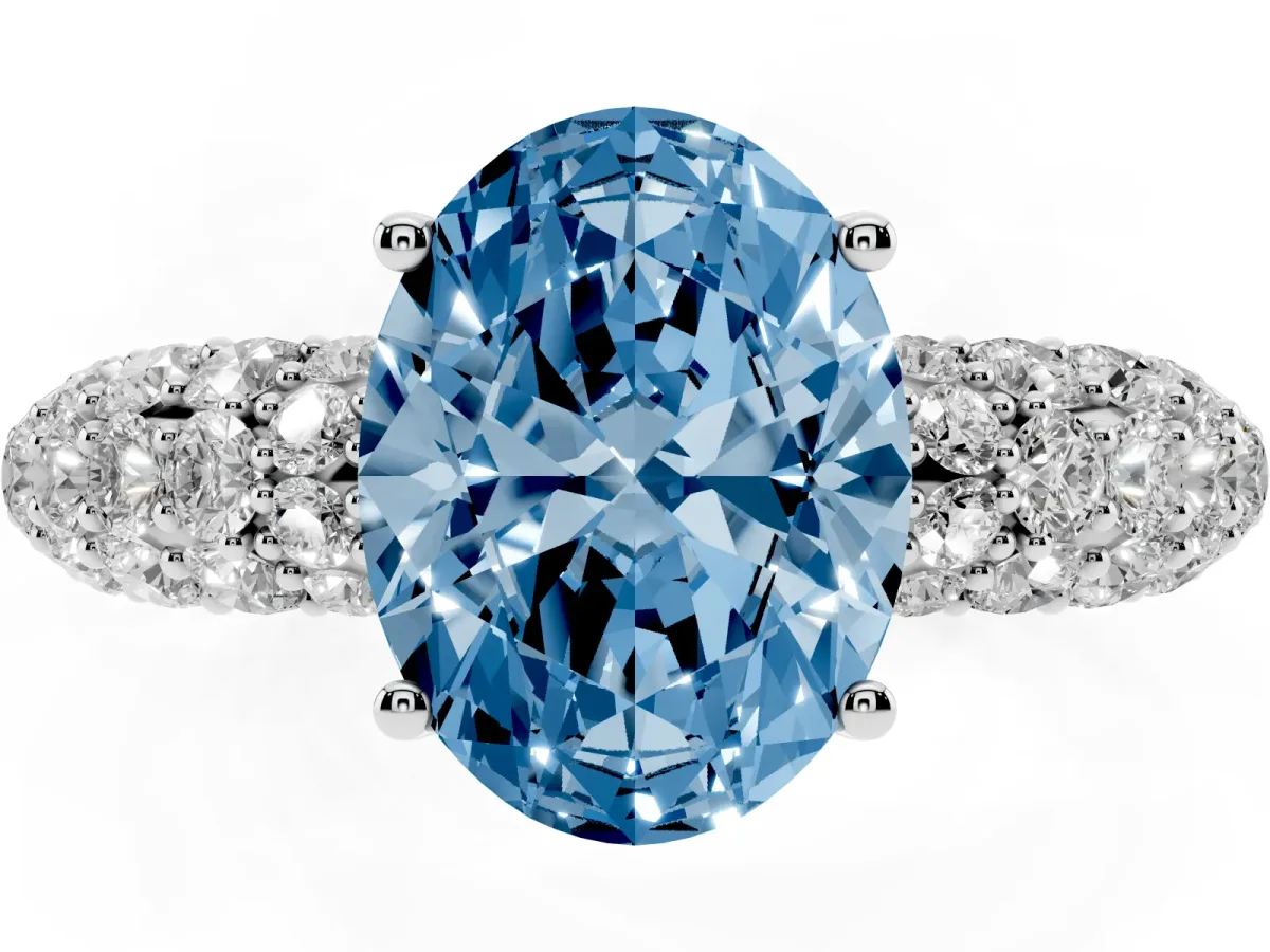 Fancy Blue Oval Cut Diamond Pavé Band Solitaire Ring with Four-Prong Setting Silver