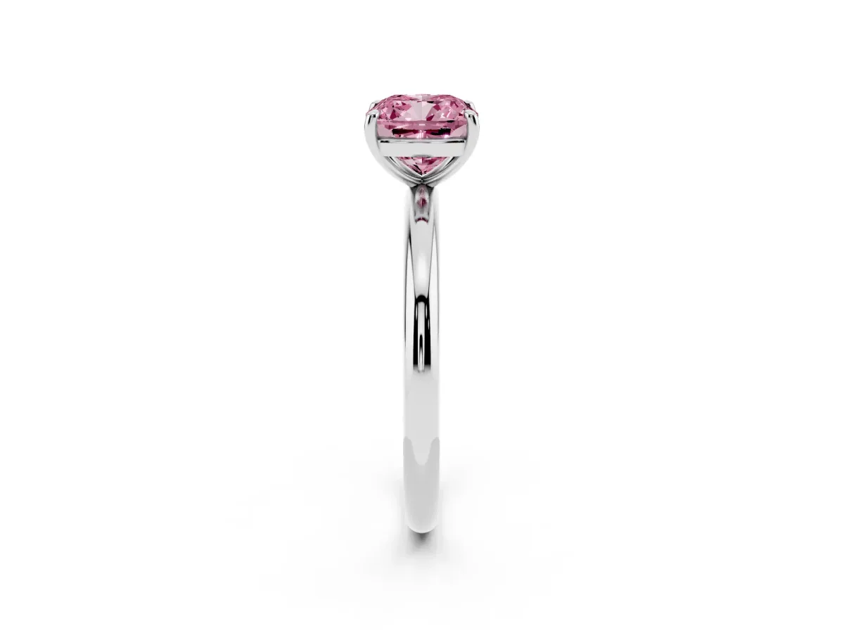 Fancy Pink Cushion Cut Solitaire Diamond Ring with Four-Prong Setting on a Plain Band Silver