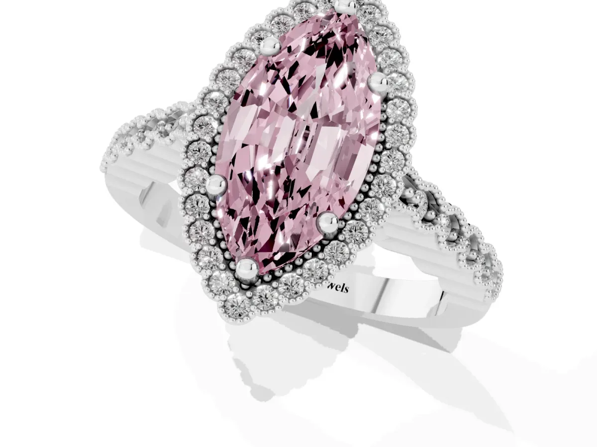 Fancy Pink Marquise Cut Cut Halo Pavé Solitaire Ring with Milgrain Band Platinum