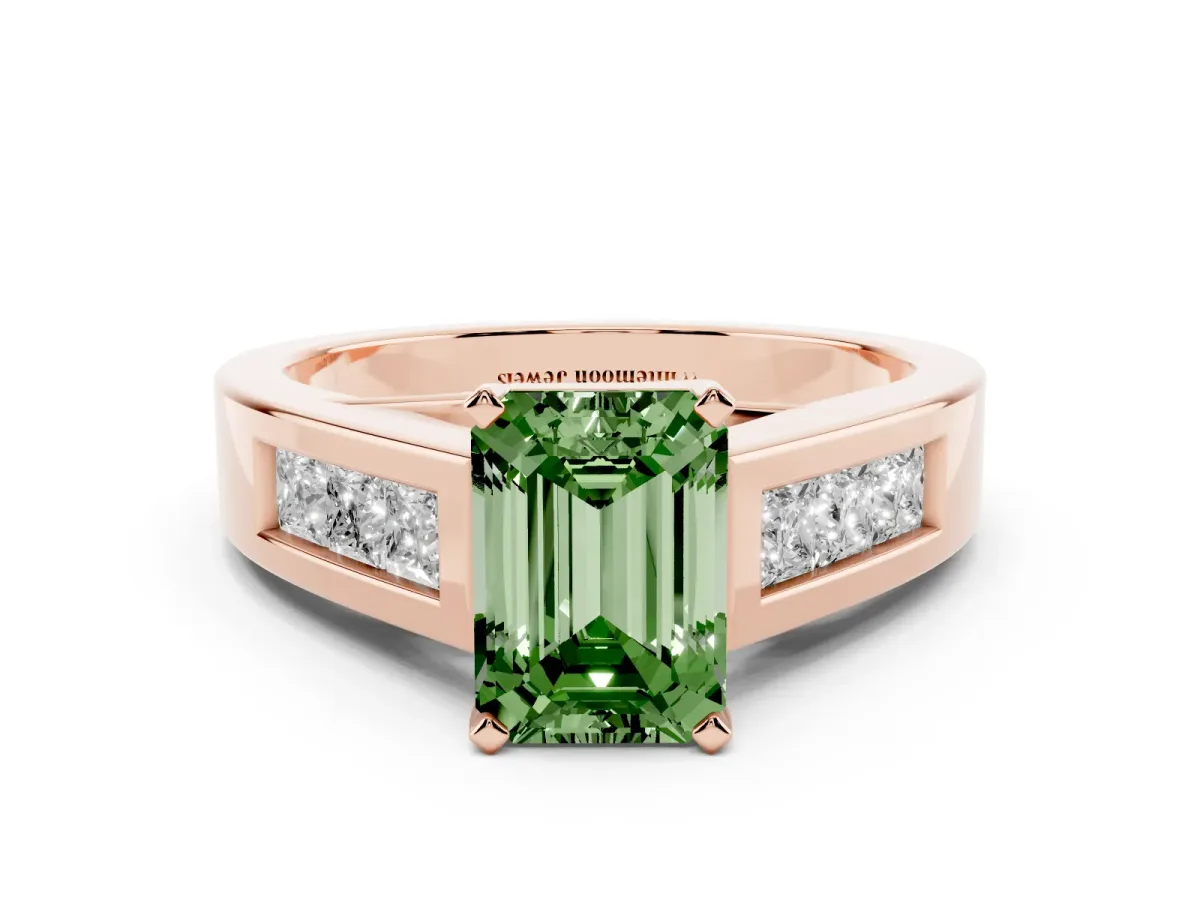 Fancy Green Emerald Cut Cut Channel Set Solitaire Ring with Four-Prong Setting Rose gold