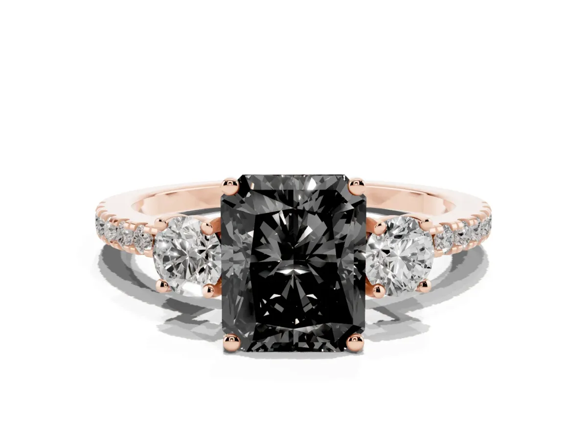 Fancy Black Three-Stone Radiant Cut Cut Diamond Pavé Band with Prong Setting Rose gold
