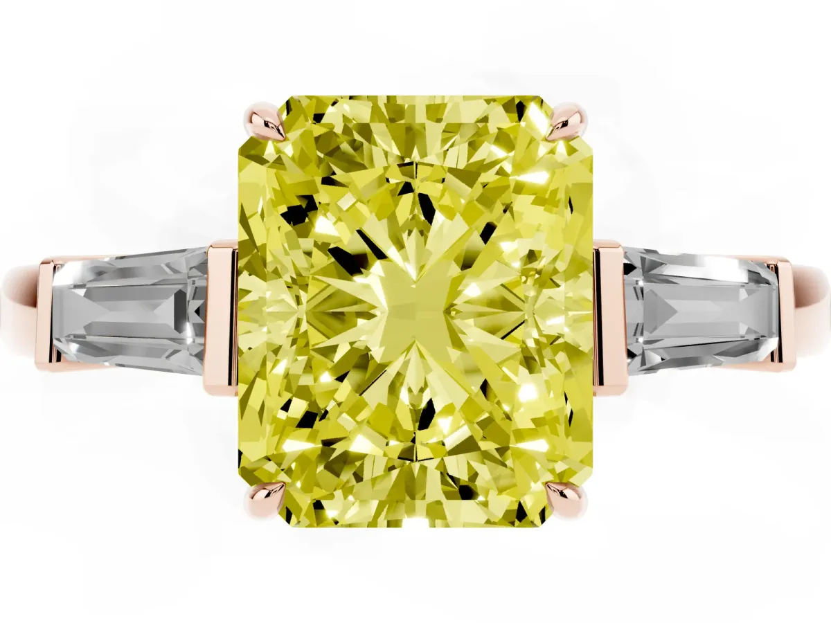 Fancy Yellow Radiant Cut Diamond Three-Stone Ring with Tapered Baguette Side Stones and Prong Setting Rose gold