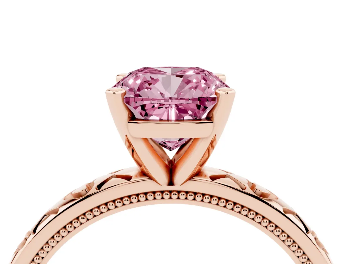 Fancy Pink Cushion Cut Solitaire Diamond Engagement Ring with XO Engraved Band and Four-Prong Setting Rose gold