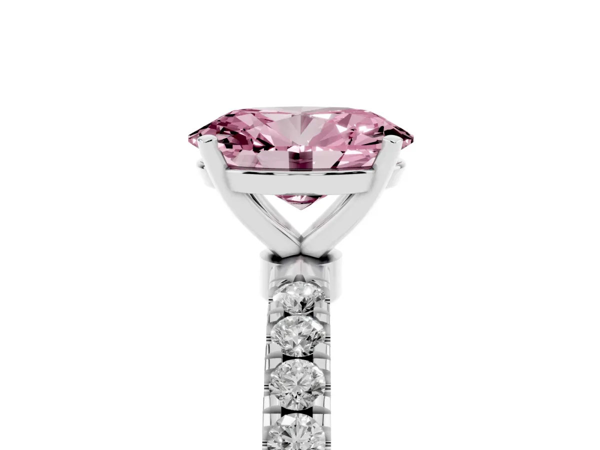 Fancy Pink Oval Cut Diamond Solitaire Ring with Pavé Accents and Four-Prong Setting Platinum