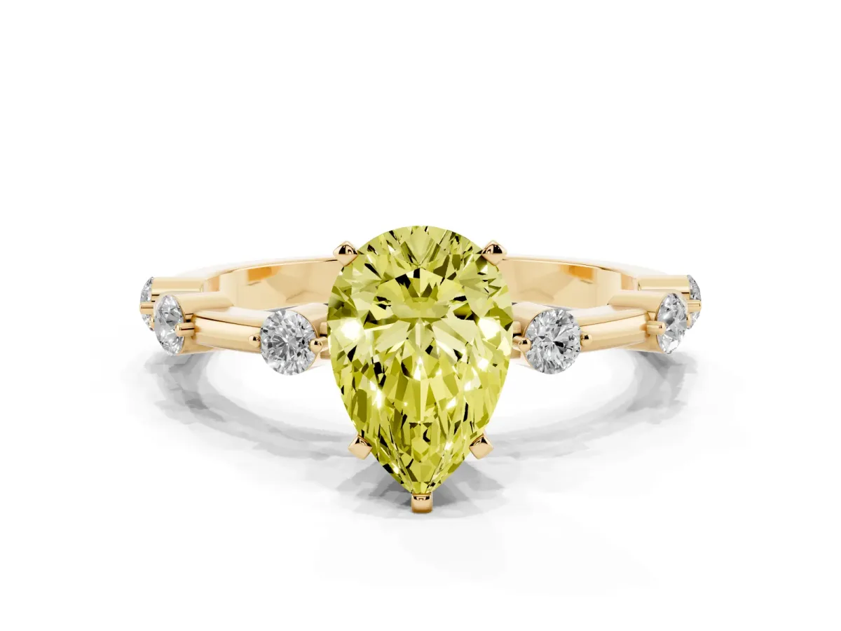 Fancy Yellow Pear Cut Solitaire Diamond Ring with Bezel Set Side Stones and Prong Setting Yellow gold