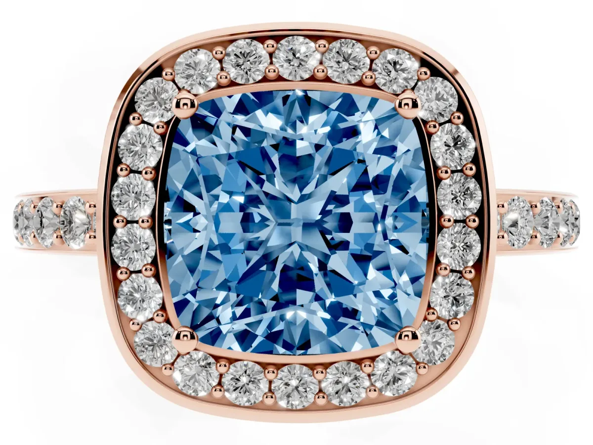 Fancy Blue Cushion Cut Diamond Halo Ring with Bezel Frame and Pavé Band Rose gold