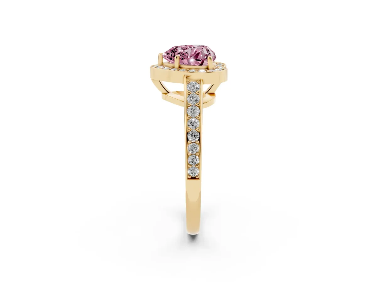 Fancy Pink Heart Cut Halo Pavé Diamond Engagement Ring with Bezel Setting Yellow gold