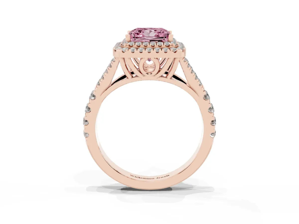 Fancy Pink Princess Cut Cut Double Halo Split Shank Diamond Ring with Prong Setting Rose gold
