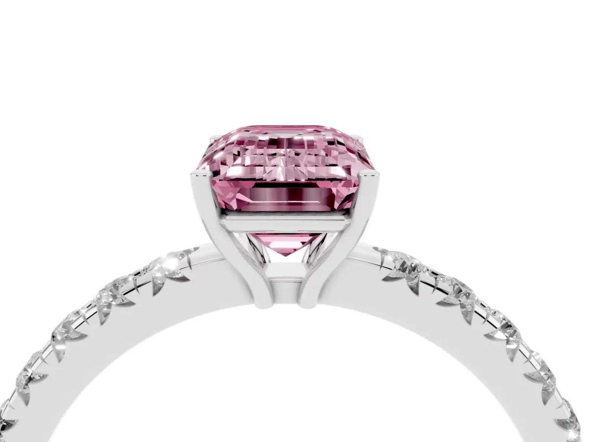 Fancy Pink Emerald Cut Diamond Pavé Solitaire Engagement Ring with Four-Prong Setting Silver