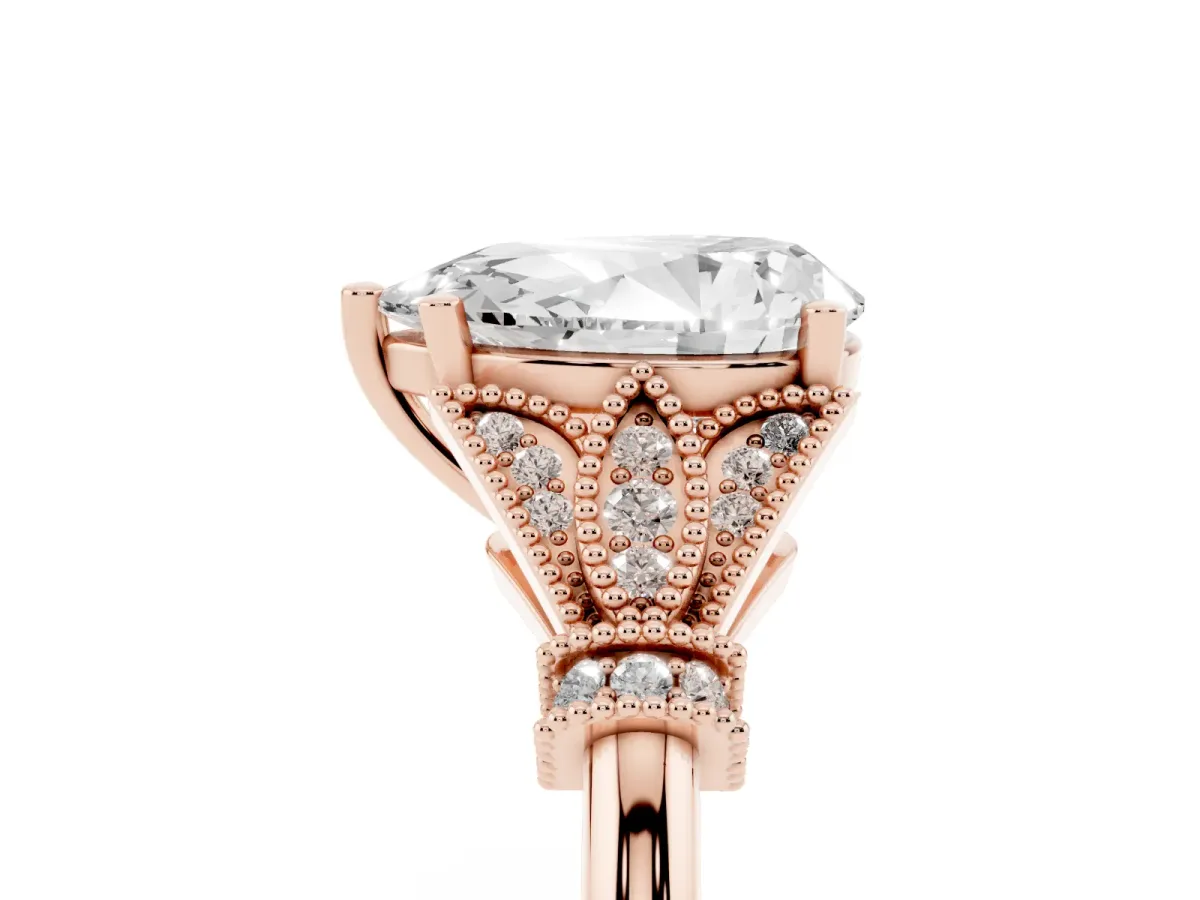 Pear Cut Diamond Solitaire Ring with Floral Filigree and Pave Accents Rose gold
