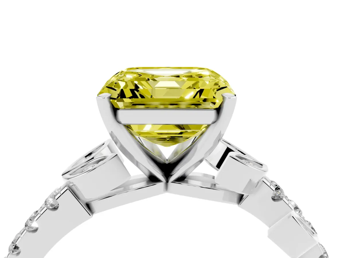 Fancy Yellow Asscher Cut Solitaire Leaf-Inspired Diamond Ring with Pavé Band and Four-Prong Setting White gold