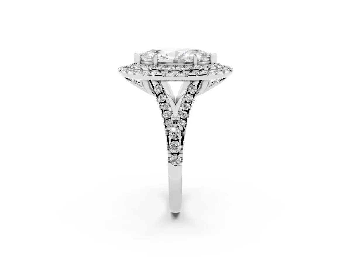 Double Halo Marquise Cut Diamond Pavé Split Shank Ring with Prong Setting Silver