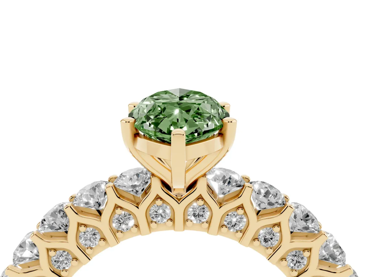 Fancy Green Marquise Cut Diamond Solitaire Ring with Shared Prong Pavé Band and Four-Prong Setting Yellow gold
