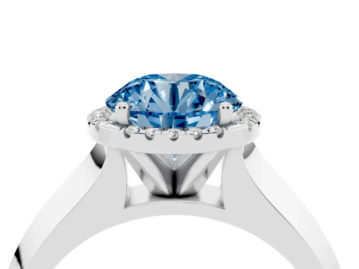 Fancy Blue Round Cut Halo Diamond Ring with Cathedral Band and Four-Prong Setting Platinum